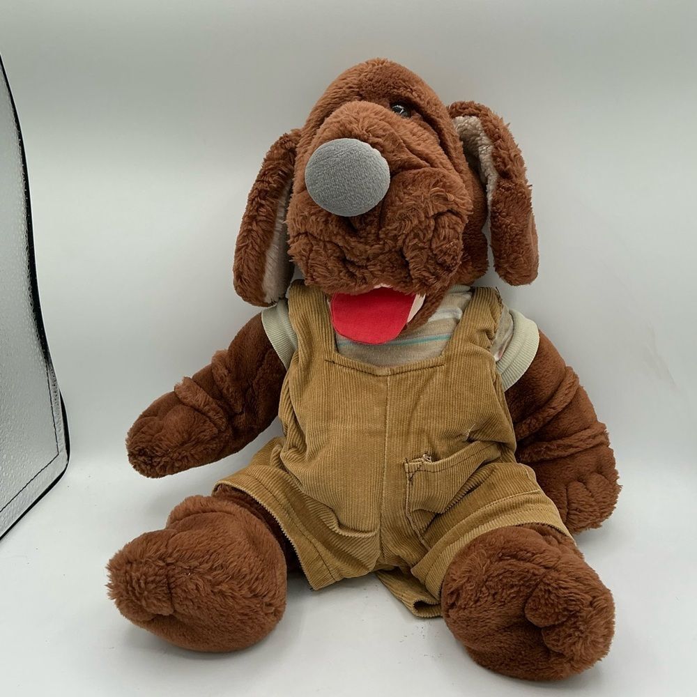 Ganz Bros Wrinkles Plush Hand Puppet Brown Boy Dog Corduroy Overalls